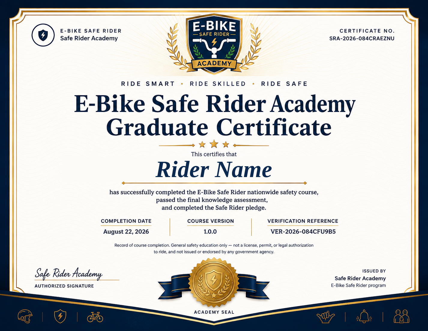 E-Bike Safe Rider Academy public sample certificate displaying Rider Name.