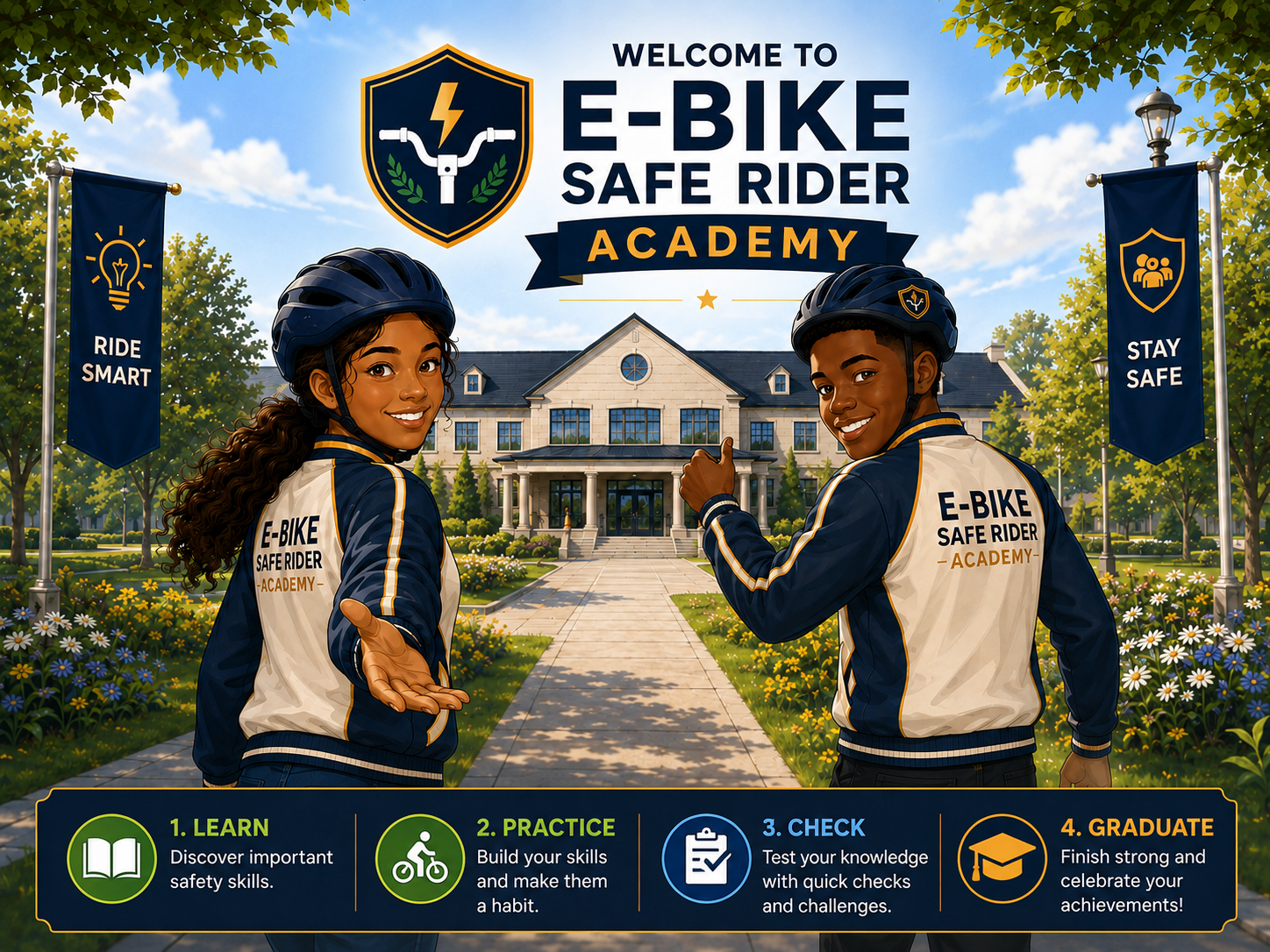 Approved illustrated preview of the E-Bike Safe Rider Academy learning experience.
