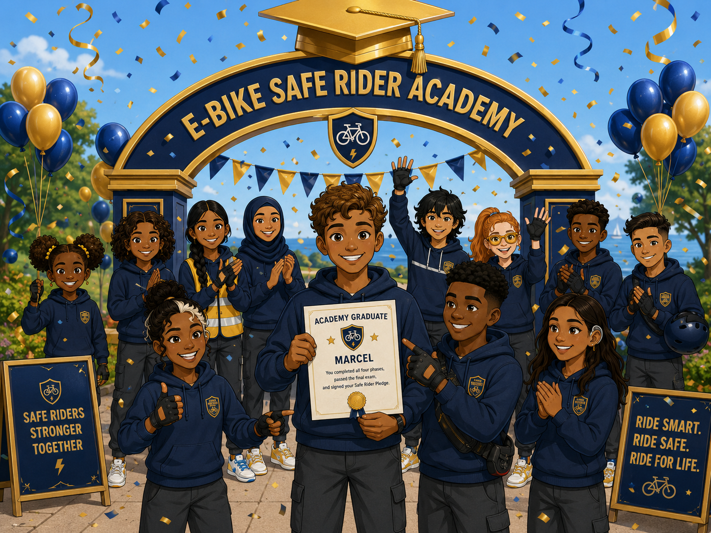 Academy riders celebrating graduation together.