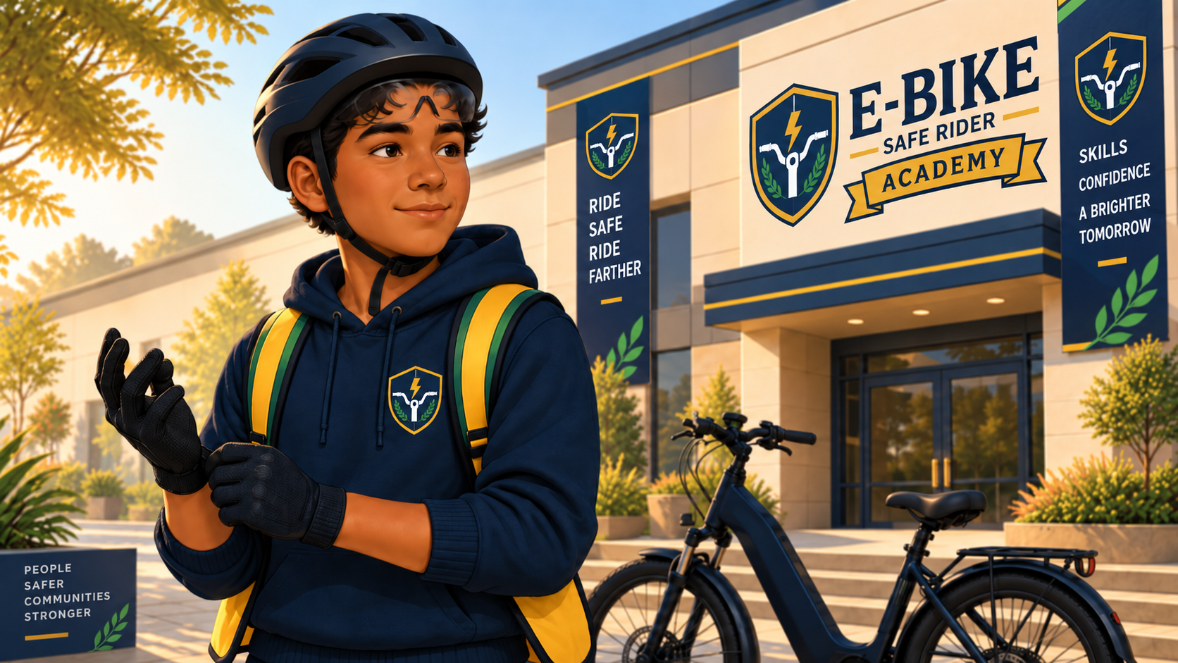 Academy mentor Diego fitting a helmet and protective gear before a ride.