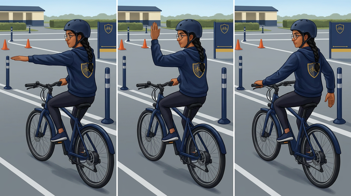 Academy poster showing left, right, and stop hand signals.