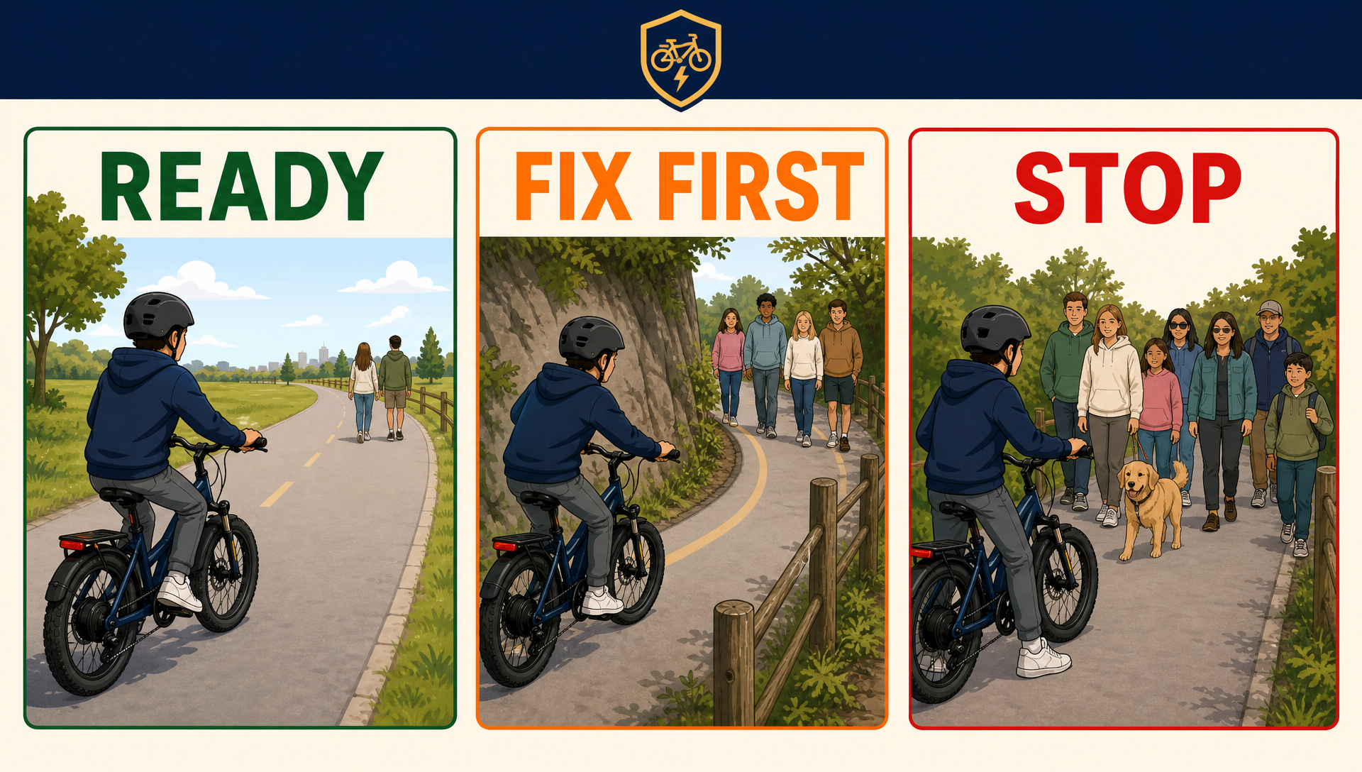 Academy Ready, Fix First, and Stop poster about rider responsibilities.