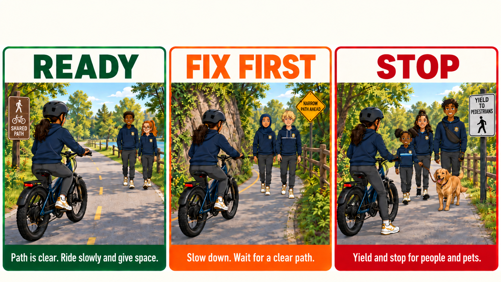 Academy Ready, Fix First, and Stop poster about rider responsibilities.
