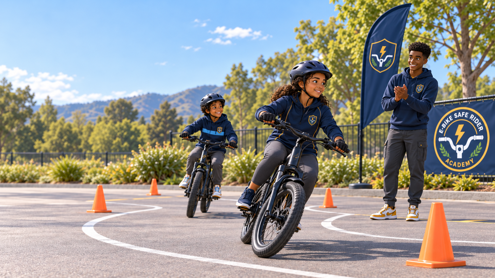 Young riders practicing controlled riding drills on the Academy skills course.