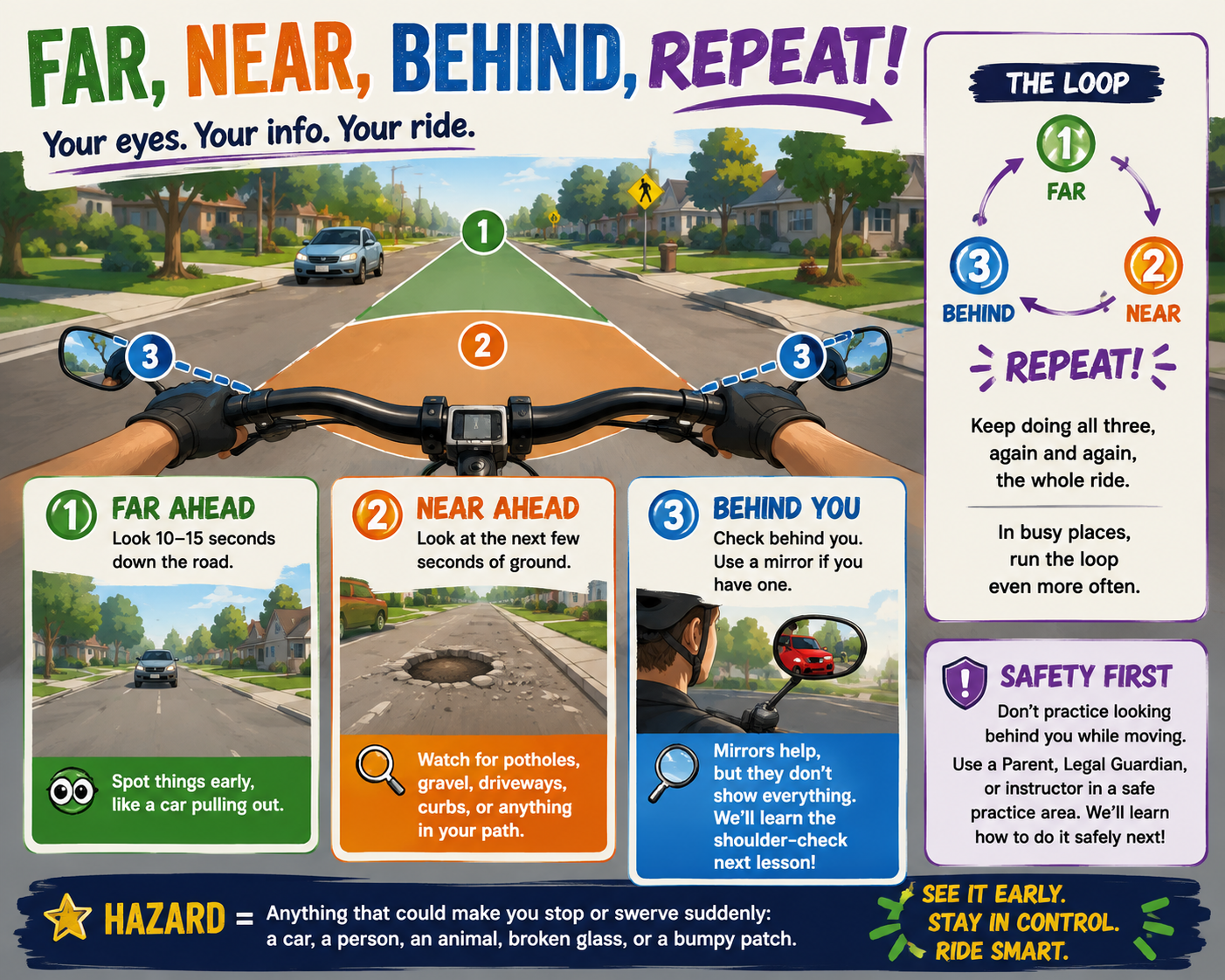Academy poster teaching riders to scan far, near, and behind.